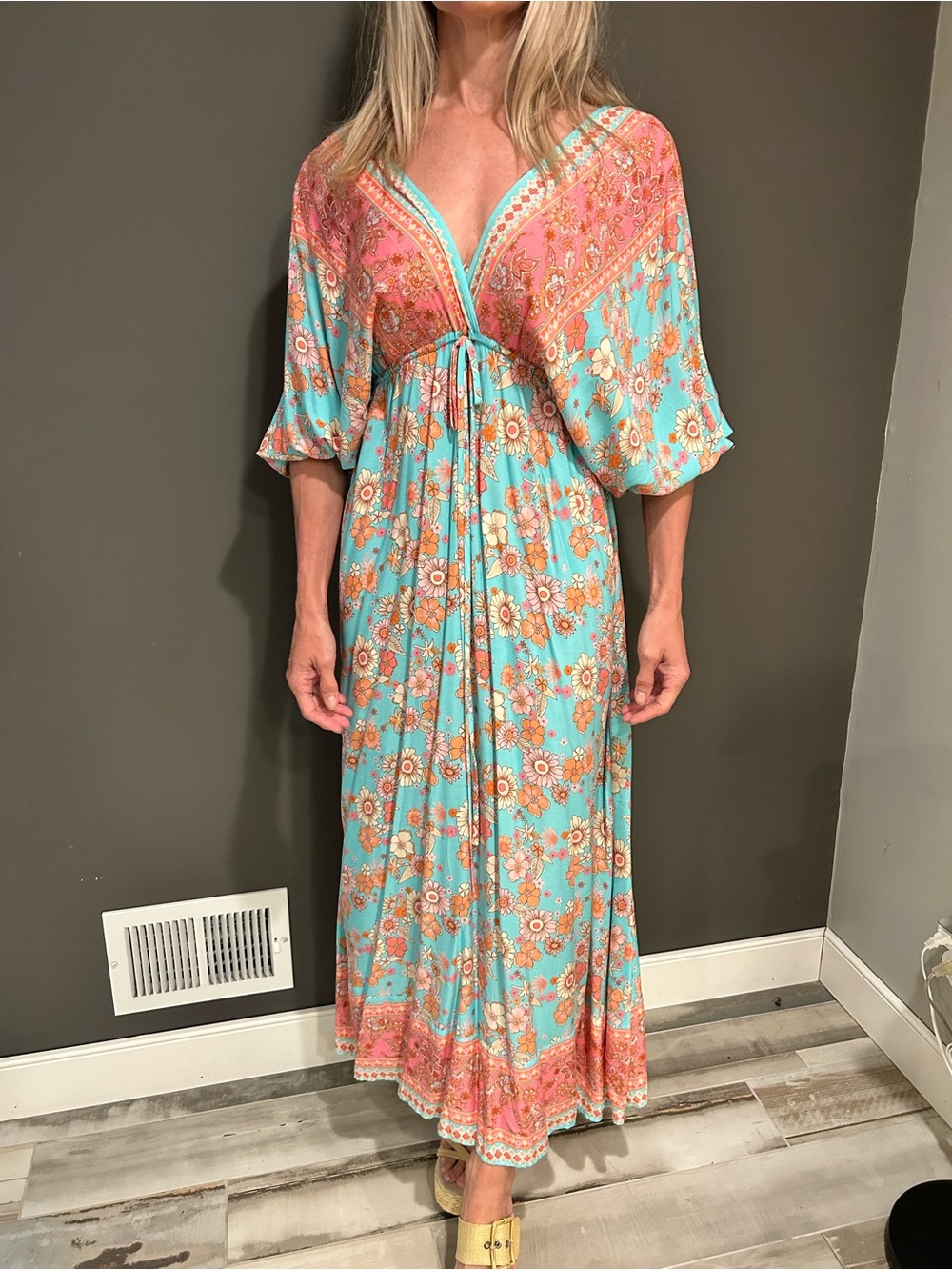 Turquoise and Coral Floral Tie-Front Maxi Dress